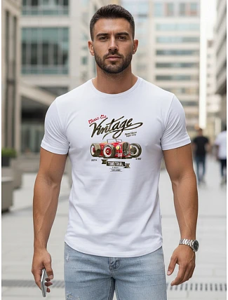 Pánske bavlnené tričko s retro potlačou biele FashionStreet NX5094R
