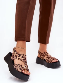 Sandały Damskie W Panterkę Na Platformie Eko Zamszowe Brązowe Karonia