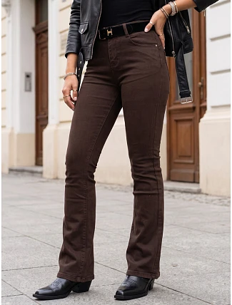 Dámske džínsové nohavice so zvonovým strihom, opaskom a vysokým pásom, hnedé, FashionStreet UY3109 Dámske džínsové nohavice so zvonovým strihom, opaskom a vysokým pásom, hnedé, FashionStreet UY3109