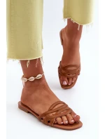 Klapki Damskie Eko Skórzane Na Płaskim Obcasie Brązowe Moldela