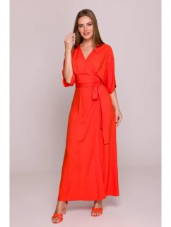S406 Viskózové maxi šaty so zavinovacím vzorom - koralové