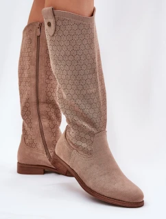 Kozaki Na Płaskim Obcasie Z Ażurowym Wzorem S.Barski HY51-062 Beżowe