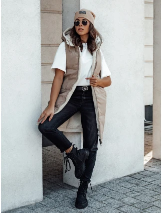 COSYVIVA dámska dlhá prešívaná vesta s kapucňou béžová FashionStreet TY4602