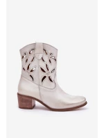 Skórzane Ażurowe Botki Na Obcasie Zazoo 3621 Złoty Przecierany