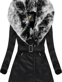 Kabát z ekologickej kože s kožušinovým golierom Libland čierno-sivý (LD-5518)