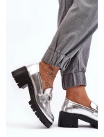 Damskie Skórzane Półbuty Na Masywnym Obcasie Srebrne Lemmitty