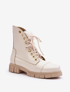 Skórzane Botki Damskie Z Futerkiem Jasnobeżowe Lewski 3296