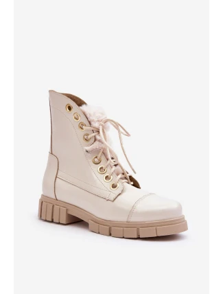 Skórzane Botki Damskie Z Futerkiem Jasnobeżowe Lewski 3296