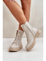 Ocieplane Botki Workery Damskie Na Zamek Eko Skórzane Jasnobeżowe Mailyra