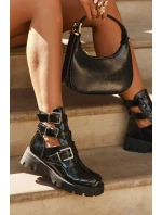 Lakierowane Botki Damskie Z Paskami I Srebrnymi Klamrami Czarne Helisse