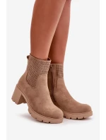 Botki Damskie Na Słupku Zapinane Na Zamek Eko Zamszowe Beżowe Rashmi
