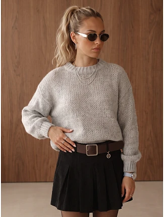 Dámsky voľný sveter s okrúhlym výstrihom, svetlosivý, FashionStreet MY2589 Dámsky voľný sveter s okrúhlym výstrihom, svetlosivý, FashionStreet MY2589
