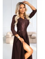 309-14 AMBER elegantné dlhé čipkované šaty s výstrihom - čokoládové