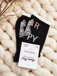 Skarpety Damskie Bawełniane Z Napisem I Misiem Czarne