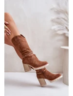 Kozaki Damskie Do Połowy Łydki Na Słupku Ocieplane Camel Ivanelis