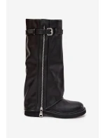 Kozaki Damskie Z Wywiniętą Cholewką Klamrą I Srebrnym Zamkiem Ocieplane Czarne Bressa