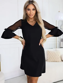 668-1 Trapézové brokátové šaty s tylovými rukávmi a výstrihom do V - čierne