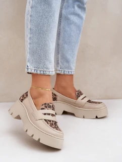Dámske kožené mokasíny s platformou a plochými podpätkami Leopard Light Beige Zazoo 20191