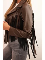 Dámska bunda z ekokože so strapcami v boho štýle, hnedá