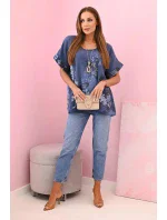 Dámske bavlnené tričko s motýľmi a kvetmi denim