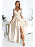 512-3 JULIET elegantné dlhé saténové šaty s výstrihom a rozparkom na nohách - BEACH