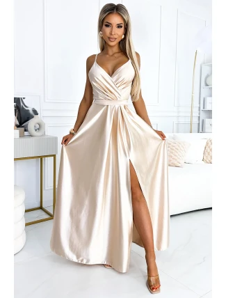 512-3 JULIET elegantné dlhé saténové šaty s výstrihom a rozparkom na nohách - BEACH