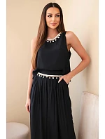 Dámska súprava z viskózy s vrchným dielom bez rukávov a širokými nohavicami s ozdobným lemovaním čierna