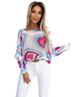 Nadrozmerný sveter s ružovými a modrými srdiečkami Numoco - biely