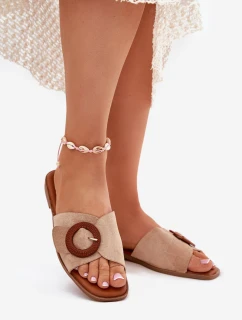 Klapki Damskie Na Płaskim Obcasie Z Klamrą Beżowe Lanoni