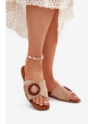 Klapki Damskie Na Płaskim Obcasie Z Klamrą Beżowe Lanoni