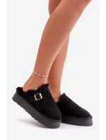 Kapcie Damskie Na Grubej Podeszwie Z Futerkiem I Klamrą Czarne Linneola