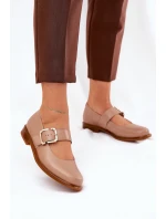 Skórzane Półbuty Damskie Z Klamrą Laura Messi 2980 Ciemnobeżowe