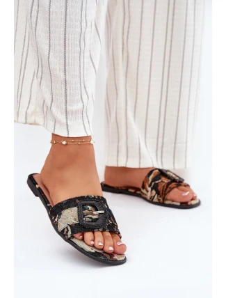 Płaskie Klapki Damskie Z Ozdobną Klamrą Czarne Clariola