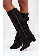 Kozaki Damskie Na Słupku Z Wywiniętą Cholewką I Złotymi Klamrami Eko Zamszowe Czarne Isavelle
