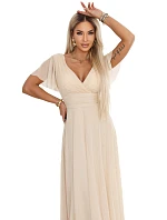 635-9 MELANIA dlhé trblietavé svadobné šaty s výstrihom a krátkymi rukávmi - béžové 635-9 MELANIA dlhé trblietavé svadobné šaty s výstrihom a krátkymi rukávmi - béžové