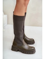 Kozaki Z Elastyczną Cholewką Na Płaskim Obcasie Ciemnozielone Mesidra