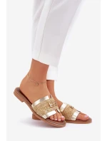 Skórzane Klapki Z Ozdobnym Detalem I Plecionką Zazoo 40426 Złote