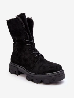 Zamszowe Sznurowane Botki Workery Z Futerkiem Czarne Frendo