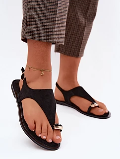 Dámské sandály Ploché se zlatým detailem Eko semiš Černé Jelviane