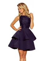 Tmavo modré dámske dvojito rozšírené šaty s čipkovou vrchnou časťou model 6408775