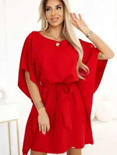 287-35 SOFIA Motýlie šaty so zaväzovaním v páse - ČERVENÉ