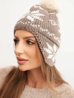 Dámska zimná vlnená čiapka s motívom snehovej vločky a bambulou K450 mocca