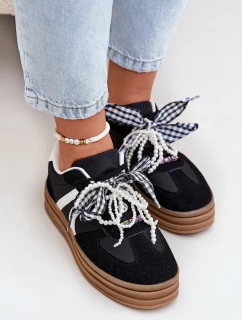 Sneakersy Damskie Na Platformie Z Ozdobami Czarne Vinness