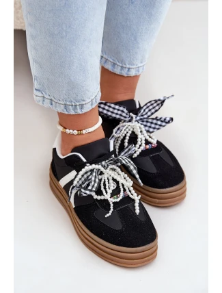 Sneakersy Damskie Na Platformie Z Ozdobami Czarne Vinness