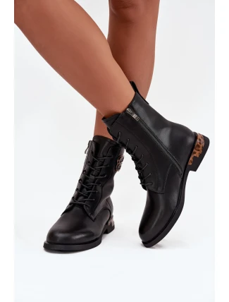 Skórzane Botki Damskie Na Płaskim Obcasie Z Ozdobą Ocieplane Artiker 57C1064 Czarne