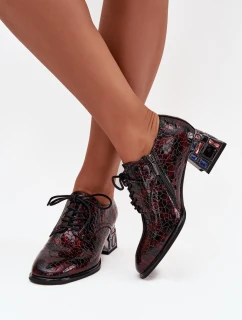 Skórzane Lakierowane Półbuty Damskie Na Obcasie Z Kryształkami Artiker 57C0073 Bordowe