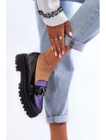 Półbuty Loafersy Damskie Skórzane Na Płaskim Obcasie Czarno-Fioletowe Elkiza