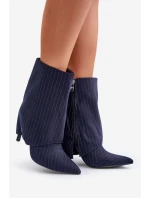Botki Damskie W Paski Na Szpilce Z Wywiniętą Cholewką I Noskami W Szpic Granatowe Naritua