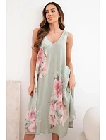 Dámske bavlnené oversize šaty s výstrihom do V a kvetinovou potlačou v khaki farbe