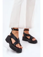 Sandały Damskie Na Platformie I Koturnie Eko Skórzane Czarne Tenzorus